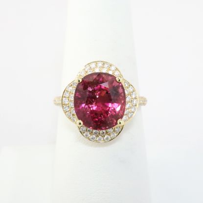 Picture of 14k Yellow Gold & Dark Pink Tourmaline Ring with Pavé Set, Quatrefoil Shaped Diamond Halo