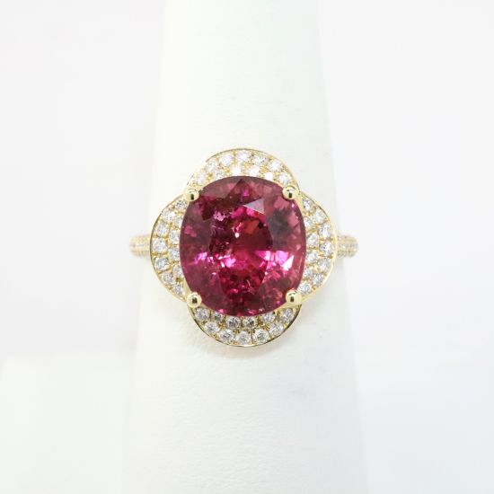 Picture of 14k Yellow Gold & Dark Pink Tourmaline Ring with Pavé Set, Quatrefoil Shaped Diamond Halo