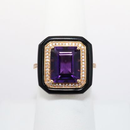 Picture of 18k Rose Gold & Emerald Cut Amethyst Ring with Geometric Black Agate & Diamond Halo