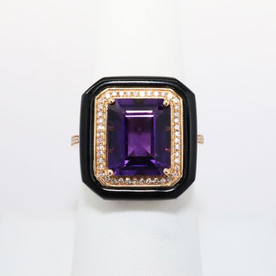 Picture of 18k Rose Gold & Emerald Cut Amethyst Ring with Geometric Black Agate & Diamond Halo