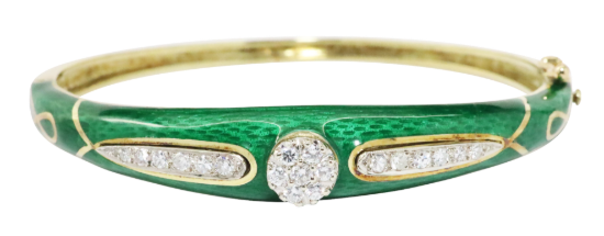 Picture of La Triomphe 14k Yellow Gold, Green Enameled Hinged Bangle with .50ct Diamonds