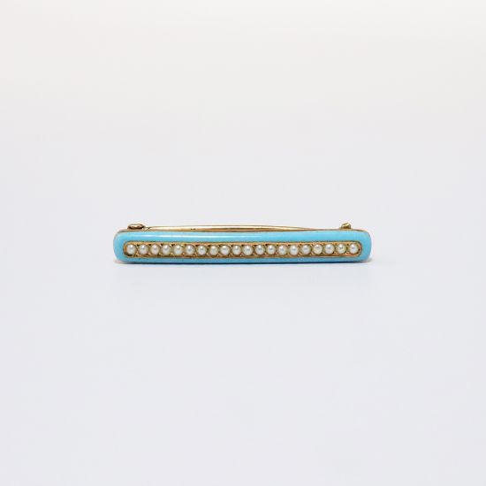 Picture of Antique Edwardian Era 14k Gold, Turquoise Enamel & Seed Pearl Bar Brooch