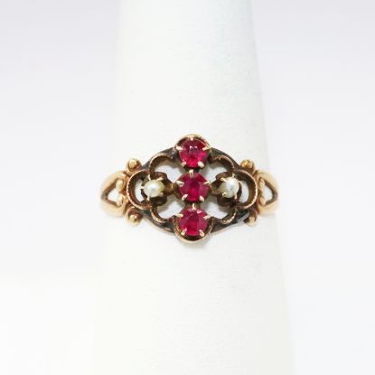 Picture of Antique Victorian Revival 10k Gold, Ruby & Pearl Ring by Ostby Barton