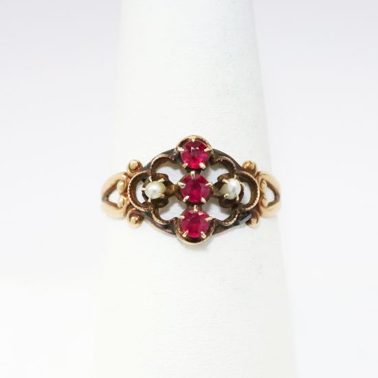 Picture of Antique Victorian Revival 10k Gold, Ruby & Pearl Ring by Ostby Barton