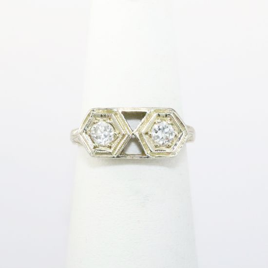 Picture of Antique Art Deco Era 14k White Gold Filigree Double Diamond Ring