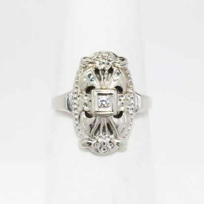 Picture of Antique Art Deco Era 14k White Gold Filigree Statement Ring with Diamond Accent 
