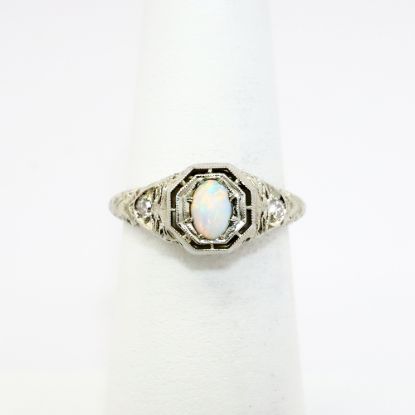 Picture of Art Deco Era 18k White Gold Filigree, Opal & Diamond Ring