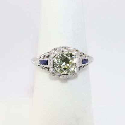 Picture of Early Art Deco Era Platinum Filigree & Yellow Diamond Engagement Ring with Synthetic Sapphire Accents