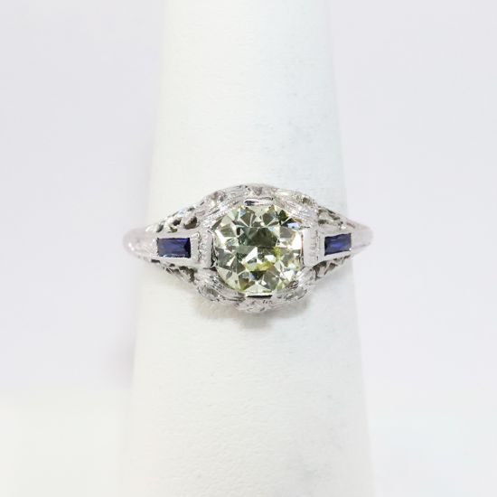 Picture of Early Art Deco Era Platinum Filigree & Yellow Diamond Engagement Ring with Synthetic Sapphire Accents