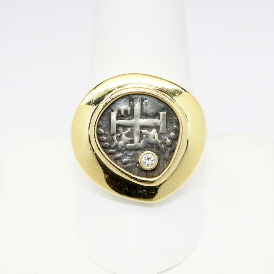 Picture of 18k Yellow Gold, Diamond & 1736 Spanish Real Coin Ring 