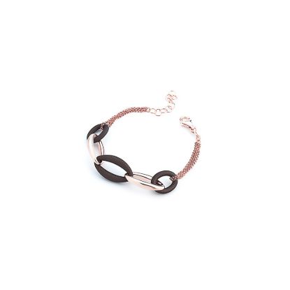 Picture of 8" Sterling Silver Rose Gold Vermeil & Brown Rubber Bracelet 
