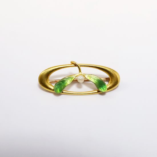 Picture of Antique Art Nouveau 10k Yellow Gold & Seed Pearl Mistletoe Brooch with Champlevé Enameled Leaves