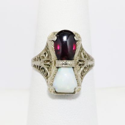 Picture of Antique Art Deco 14k White Gold Filigree, Garnet & Opal Ring by Ostby Barton