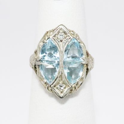 Picture of Antique Art Deco 14k White Gold Filigree & Aquamarines Ring with Diamond Accents