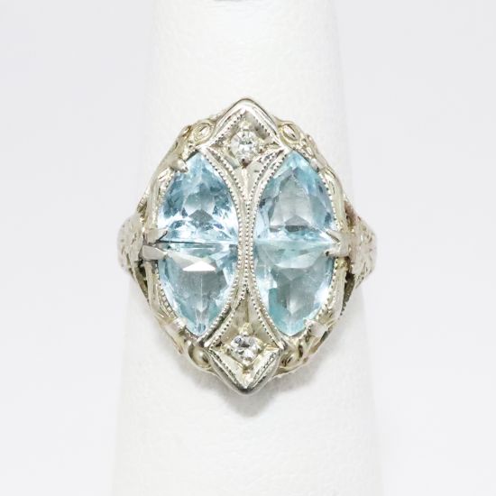 Picture of Antique Art Deco 14k White Gold Filigree & Aquamarines Ring with Diamond Accents