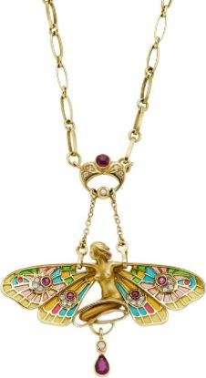 Picture of 18k Yellow Gold Ruby Diamond & Enamel Plique-à-jour Art Nouveau Necklace 
