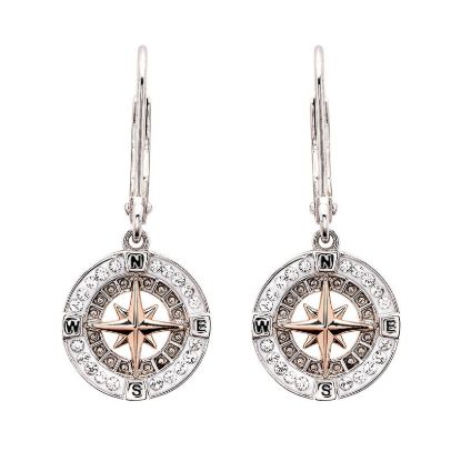 Picture of Sterling Silver Rose Gold Plate Crystal Compass Dangle Earrings 