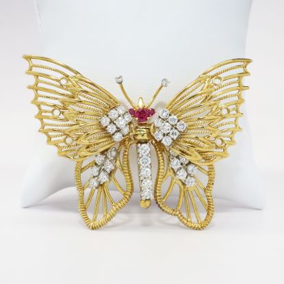 Picture of 18k Two-Tone Gold Diamond & Ruby Butterfly Brooch