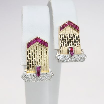 Picture of Vintage 14k Yellow Gold & Platinum Ruby Diamond Earrings 