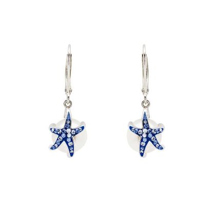 Picture of Sterling Silver Pearl Sapphire Crystal Starfish Dangle Earrings