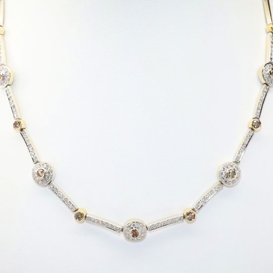 Picture of 18k Two-Tone Gold Necklace with Clear Round Brilliant Diamonds & Champagne Diamond Accented Stations