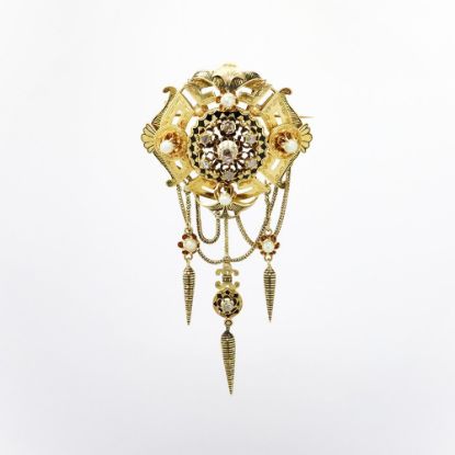Picture of Antique Victorian Era 14k Gold, Rose Cut Diamond, Pearl & Black Enamel Etruscan Revival Brooch/Pendant