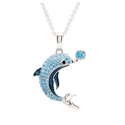 Picture of Sterling Silver Sapphire Enamel & CZ Dolphin Necklace 