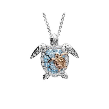 Picture of Silver Aqua SW Crystal Turtle and Baby Necklace Rose Plate Necklace