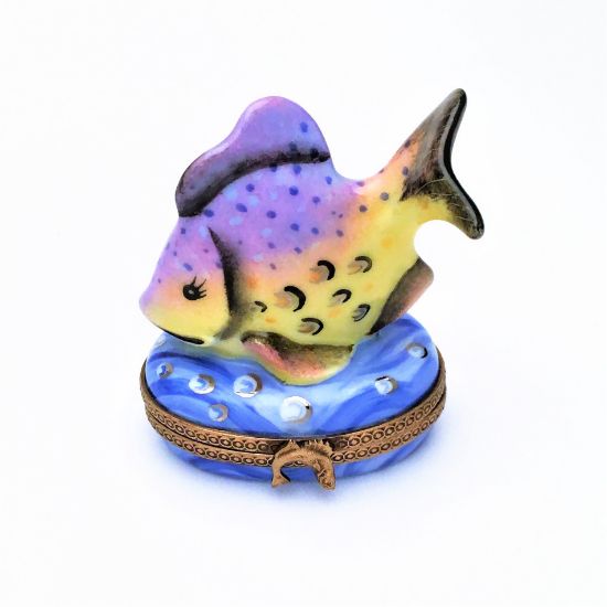 Picture of Retired Chanille Limoges Porcelain Purple & Yellow Fish Trinket Box with Original Box
