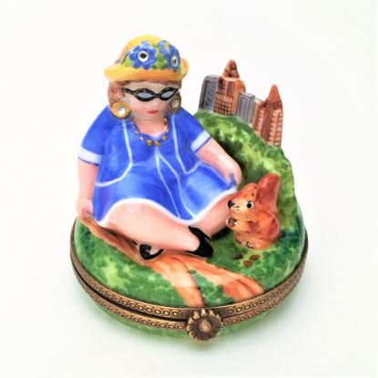 Picture of Limoges Porcelain Retired Lady in City Park with Squirrel Trinket Box with Original Box