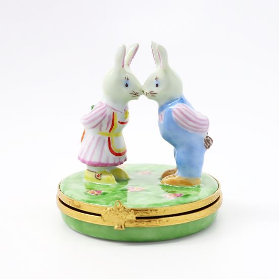Picture of Limoges Porcelain Mr. & Mrs. Rabbit Kissing & Exchanging Gifts Trinket Box by Artoria