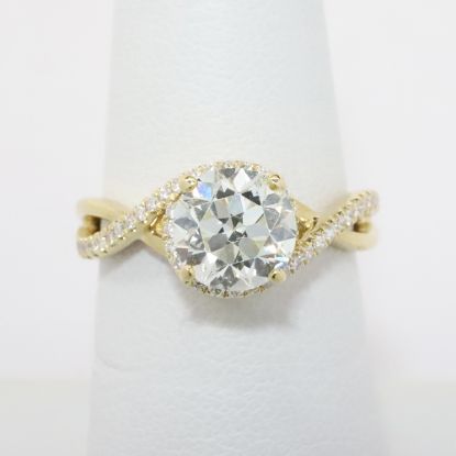 Picture of 14k Yellow Gold & Old European Cut Diamond Engagement Ring with Twisted, Diamond Enhanced Band
