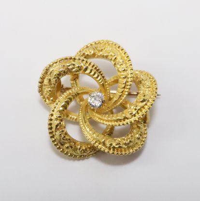 Picture of Antique Edwardian Era 22k Yellow Gold Flower Brooch with Old Mine Cut Diamond Center