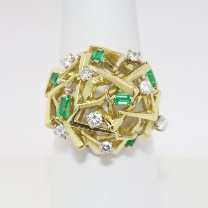 Picture of 18k Yellow Gold, Baguette Cut Emerald & Round Brilliant Cut Diamond Modernist Dome Ring