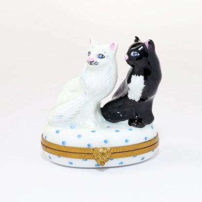 Picture of Retired Limoges Porcelain Black & White Cat Pair Trinket Box
