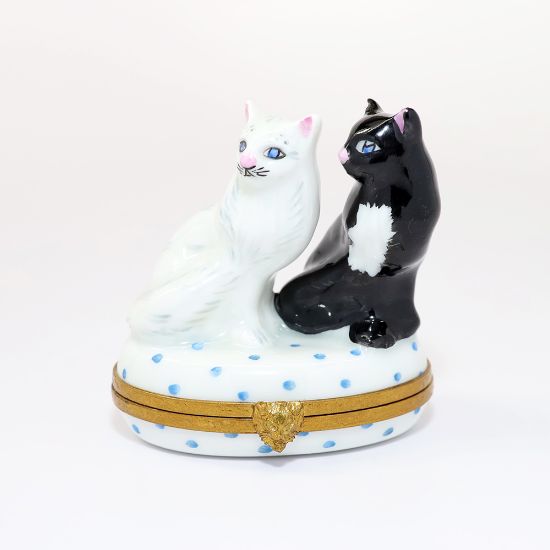Picture of Retired Limoges Porcelain Black & White Cat Pair Trinket Box