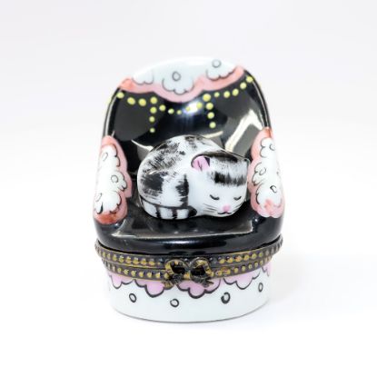 Picture of Limoges Porcelain Black & White Cat Sleeping on Black Chair Trinket Box by Chamart