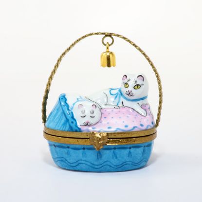 Picture of Limoges Porcelain Pair of White Cats in Blue Basket with Bell Trinket Box