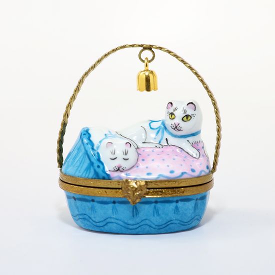 Picture of Limoges Porcelain Pair of White Cats in Blue Basket with Bell Trinket Box