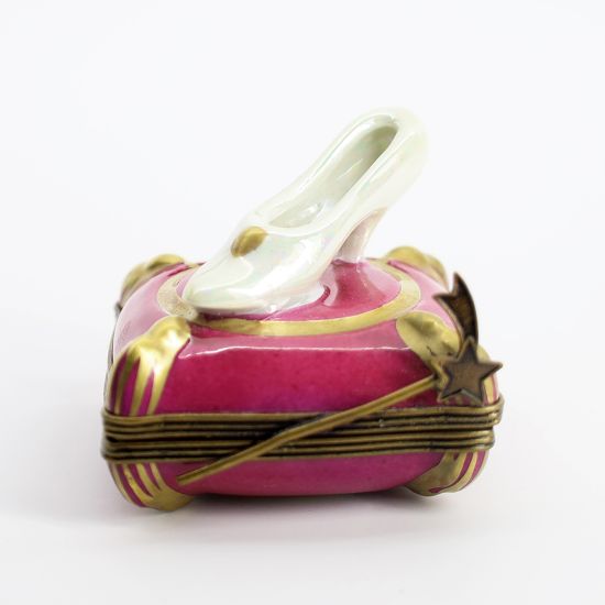 Picture of Retired Limoges Porcelain Cinderella's Glass Slipper on Pillow Trinket Box with Pumpkin Carriage Inside