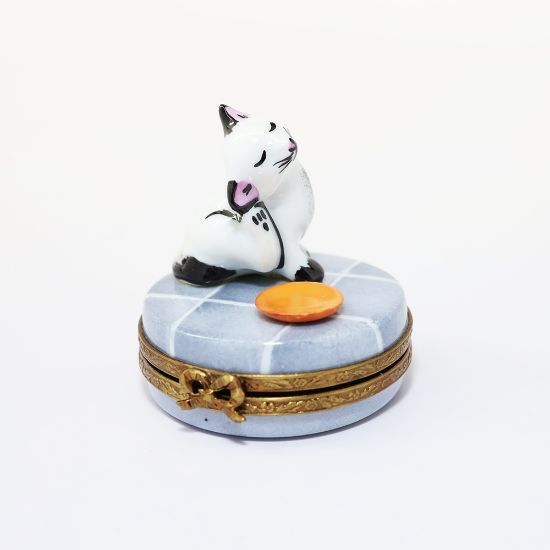Picture of Limoges Porcelain Black & White Cat Scratching with Saucer Trinket Box by Eximious