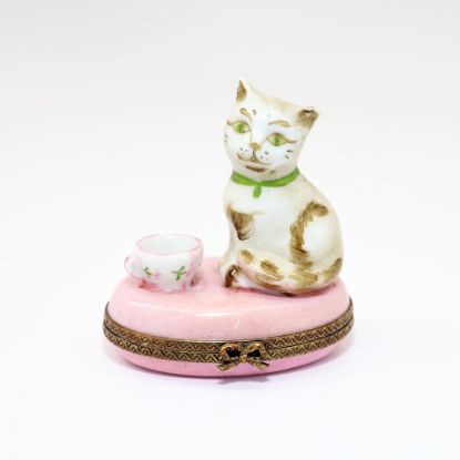 Picture of Limoges Porcelain Light Brown Cat with Pink Cup Trinket Box by Chamart