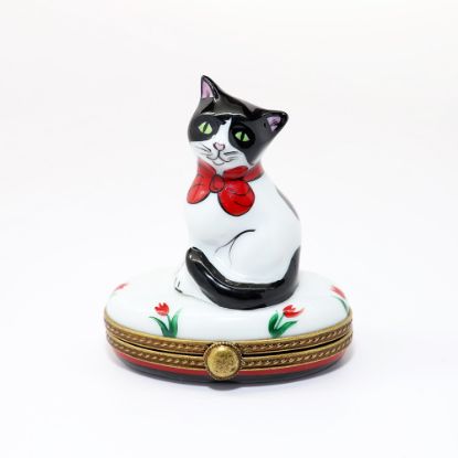 Picture of Limoges Porcelain Black & White Cat with Red Bow Trinket Box