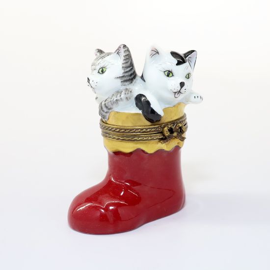 Picture of Limoges Porcelain Pair of Kittens in Christmas Stocking Trinket Box