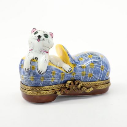 Picture of Limoges Porcelain White Cat in House Slipper Trinket Box by Parry Vieille