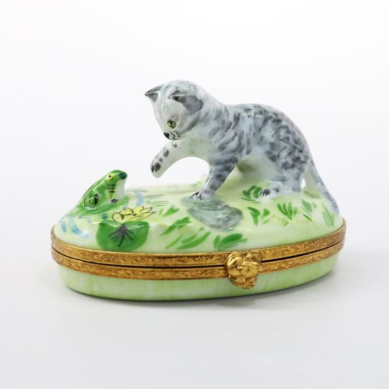 Picture of Limoges Porcelain Gray Kitten and Frog Trinket Box by Artoria