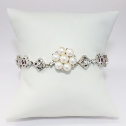 Picture of Art Deco Inspired 14k White Gold, Diamond & Ruby Bracelet with Cultured Pearl Clasp