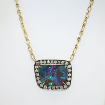 Picture of 18k Two-Tone Gold Necklace with Freeform Boulder Opal Pendant with Diamond Halo