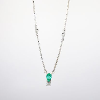Picture of Custom Made 14k White Gold Necklace with Diamond Stations & Pear Cut Emerald & Diamond Pendant