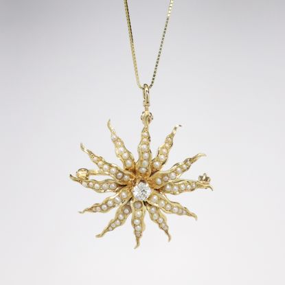 Picture of Antique Edwardian Era 14k Yellow Gold, Old Mine Cut Diamond & Seed Pearl Sunburst Pendant/Brooch Necklace